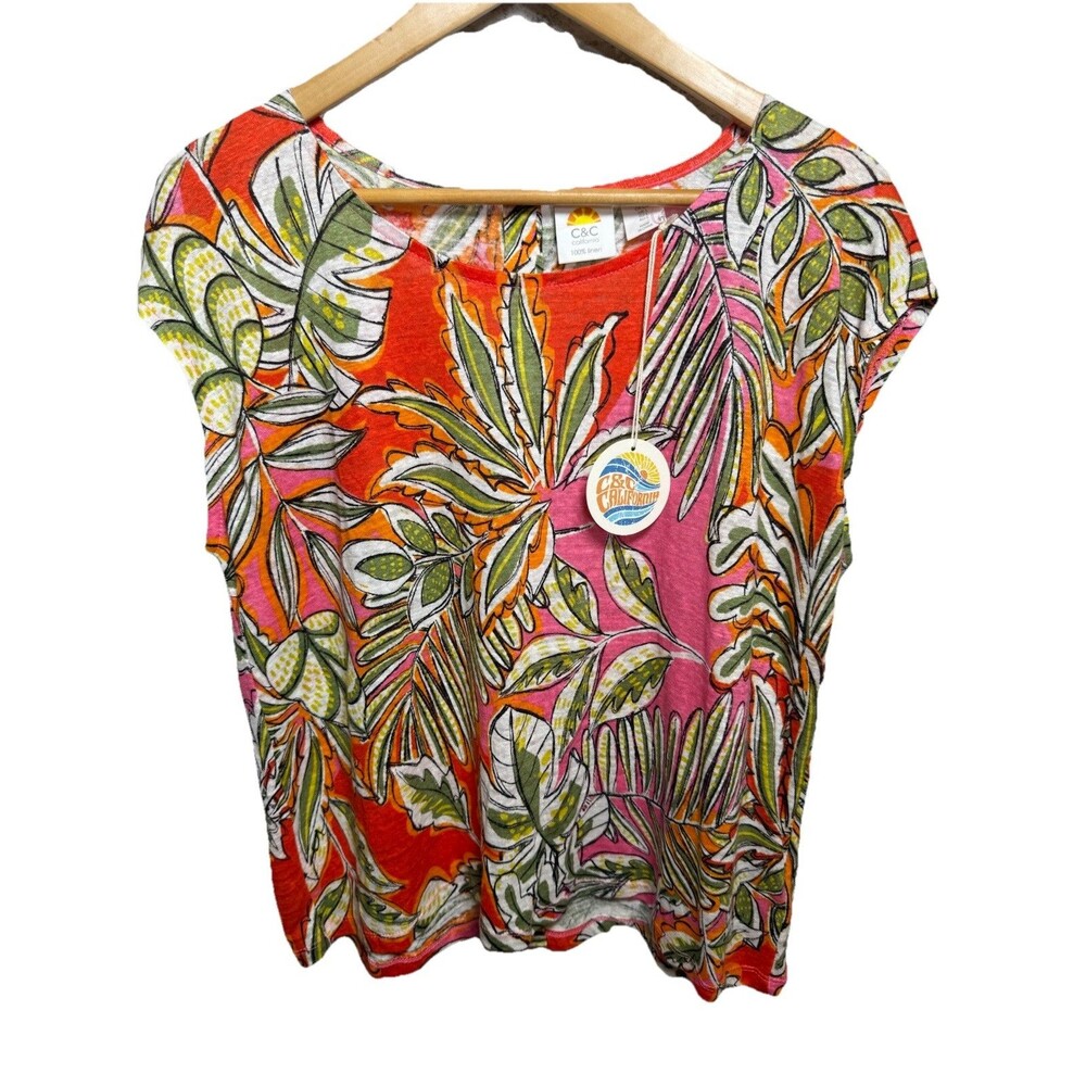 C&C California 100% Linen Tropical Floral Top L Bright Summer Beachy Resort Wear